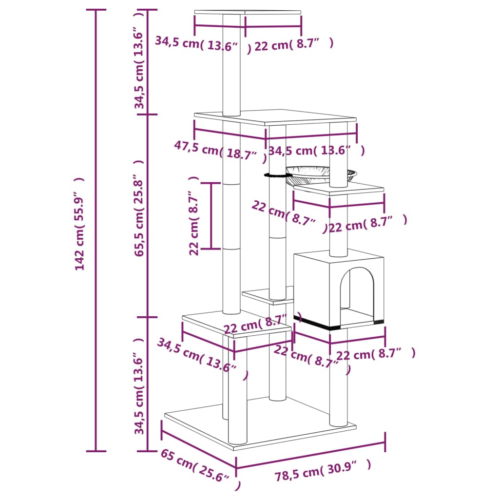 vidaXL Kratzbaum mit Sisal-Kratzsäulen Creme 142 cm