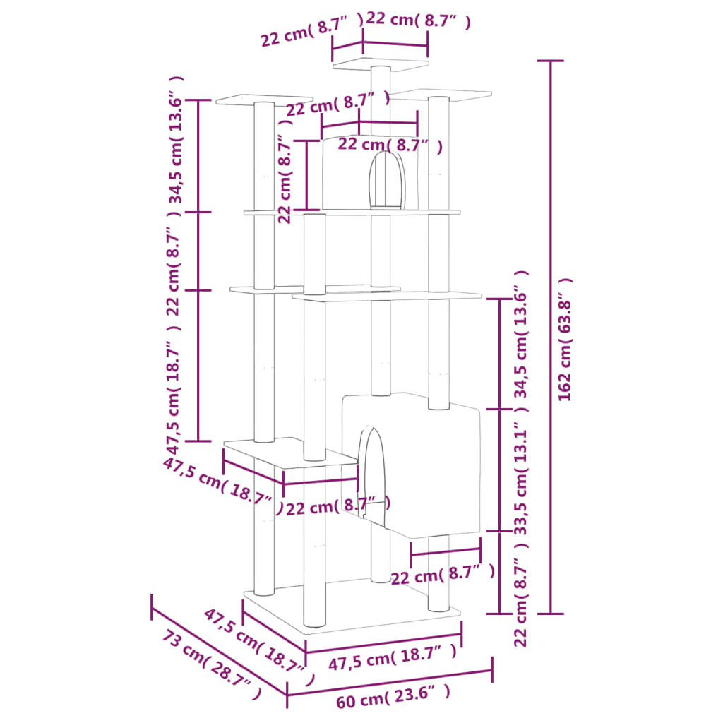 vidaXL Kratzbaum mit Sisal-Kratzsäulen Hellgrau 162 cm