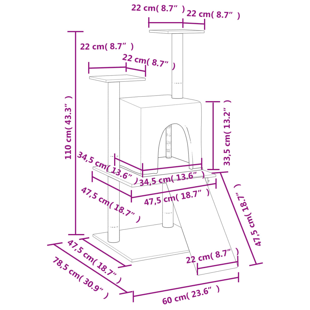 vidaXL Kratzbaum mit Sisal-Kratzsäulen Creme 110 cm