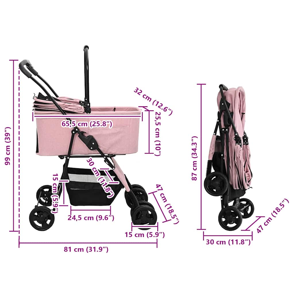 vidaXL Faltbarer Katzenwagen & Hundewagen Haustierwagen Rosa 81 x 47 x 99 cm 600D Oxford Stoff